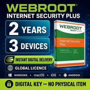 May include: Webroot Internet Security Plus software box with green, orange, and white branding. Text indicates 2 years of protection for 3 devices. Includes icons for Windows, macOS, iOS, and Android. Features digital key delivery with no physical item.