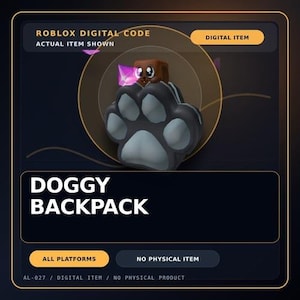 Könnte beinhalten: Ein digitaler Roblox-Code für einen Doggy Backpack-Artikel. Die Grafik zeigt einen braunen Cartoon-Hundekopf, der aus einem großen, dunkelgrauen Pfotenabdruck-Symbol mit hellgrauen Ballen hervorkommt. Text beinhaltet ROBLOX DIGITAL CODE.
