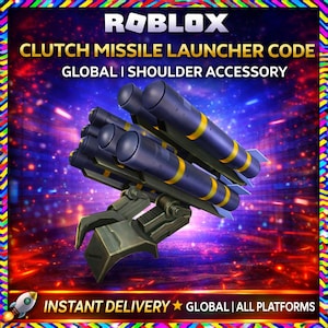 Puede incluir: Un accesorio de hombro Roblox Clutch Missile Launcher con un lanzador multitubo azul oscuro con bandas amarillas. El texto dice ROBLOX, CLUTCH MISSILE LAUNCHER CODE, GLOBAL | SHOULDER ACCESSORY e INSTANT DELIVERY | GLOBAL | ALL PLATFORMS.