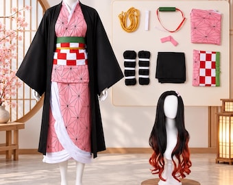 Anime Demon Girl Cosplay Costume, Kimono Haori Dress, Wig, Clogs (Adults & Kids)