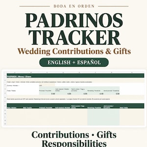 Könnte beinhalten: Eine digitale Tabellenkalkulation mit dem Titel Padrinos Tracker für Hochzeitsbeiträge und Geschenke. Die Benutzeroberfläche enthält Spalten für Namen, Rollen, versprochene Beträge, erhaltene Barzahlungen, Lieferantenzahlungen, Restbeträge und Notizen auf Englisch und Spanisch.