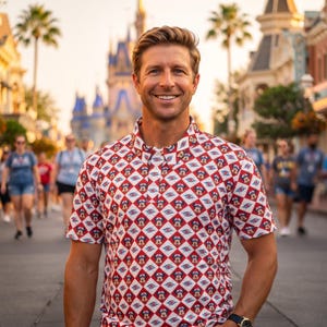 May include: A short-sleeved polo shirt featuring a repeating diamond pattern in red, white, and blue. The design includes small, stylised cartoon mouse head icons wearing captain hats centred within each diamond shape on the fabric.