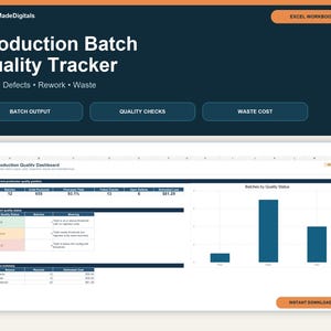 Könnte beinhalten: Ein digitales Excel-Arbeitsblatt-Dashboard zur Verfolgung der Produktionschargenqualität mit einer dunkelblauen Kopfzeile mit dem Text MarketMadeDigitals, Production Batch Quality Tracker, Yield, Defects, Rework, Waste sowie Schaltflächen für Batch Output, Quality Checks und Waste Cost.