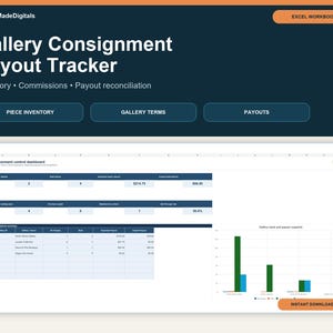 May include: A digital Gallery Consignment Payout Tracker spreadsheet template featuring a dark blue header with the text MarketMadeDigitals, Gallery Consignment Payout Tracker, Inventory, Commissions, Payout reconciliation, and buttons for Piece Inventory, Gallery Terms, and Payouts.