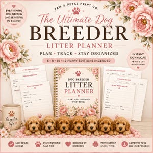 Puede incluir: Un planificador de camadas para criadores de perros con encuadernación en espiral y motivos florales, rodeado de hojas impresas para información de cachorros, registros de parto, vacunas y datos de compradores. Siete cachorros dorados sentados.