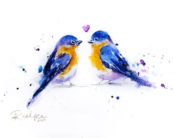 Love Birds Watercolor, Original Art, Original Painting, Bluebird Art, Bluebird Painting, Bird Art Original, Valentines Art, Blue Bird