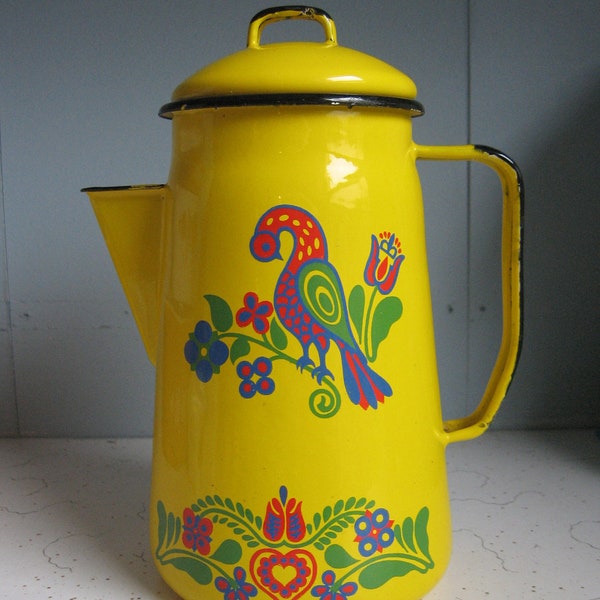 Vintage Cinsa Bright Yellow Enamelware Coffee/Tea Pot With Birds