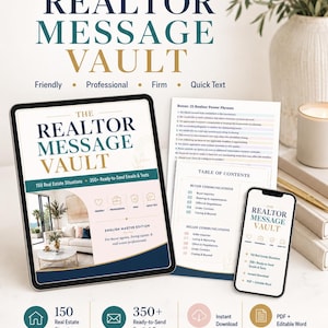 Könnte beinhalten: Ein digitales Produkt mit dem Titel The Realtor Message Vault auf einem Tablet und Smartphone, das 150 Immobiliensituationen sowie über 350 versandfertige E-Mails und Texte enthält. Beinhaltet ein gedrucktes Inhaltsverzeichnis und Power-Phrasen.