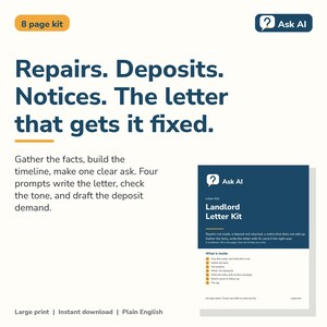 Può includere: Un kit di lettere per proprietari di 8 pagine di Ask AI. Il documento presenta testo blu scuro su sfondo bianco, dettagliando suggerimenti per riparazioni, depositi e avvisi. Include un elenco di contenuti e istruzioni per la stesura delle lettere.