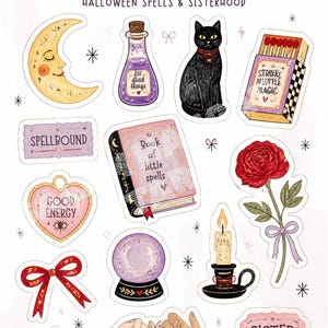 May include: A sticker sheet titled PRACTICAL MAGIC HALLOWEEN SPELLS & SISTERHOOD featuring illustrations of a crescent moon, a purple potion bottle, a black cat, a matchbox, a book, a red rose, a crystal ball, a candle, and pink heart.