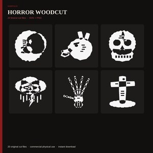 Horror Woodcut SVG Bundle | 20 Halloween Cut Files PNG | Linocut Skull Raven Wolf | Cricut