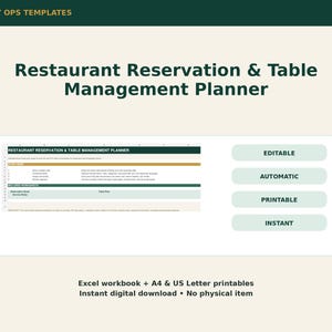 May include: A digital Restaurant Reservation & Table Management Planner template featuring an Excel workbook interface with sections for reservation books and table plans. Includes buttons labeled Editable, Automatic, Printable, and Instant.
