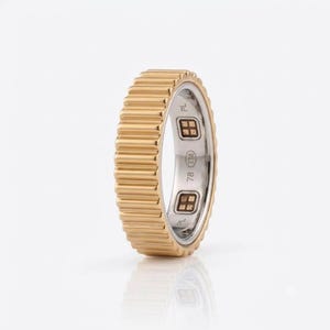 Peut inclure: Une bague dorée avec une surface extérieure nervurée et texturée. L'intérieur de l'anneau est argenté et présente les inscriptions gravées PL, 78, TM, ainsi que deux icônes carrées avec un motif en grille. La bague a une forme cylindrique.