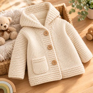 May include: A cream-colored, long-sleeved, hooded knit cardigan featuring a garter stitch texture, a single front patch pocket, and three round, light brown wooden buttons down the center front. The garment is constructed with a thick, chunky yarn.