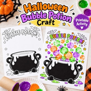 May include: Two white sheets of paper featuring a Halloween Bubble Potion craft activity. One sheet is a black and white outline of a cauldron with the text BUBBLE POTION. The other sheet shows a colored cauldron with vibrant bubbles.