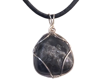 Wire Wrapped Black Moonstone Pendant in Sterling Silver