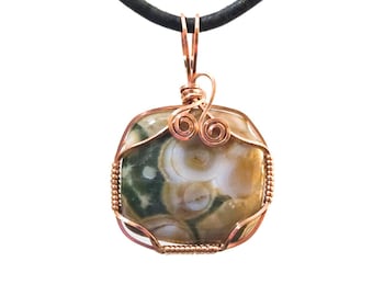 Wire Wrapped Ocean Jasper Pendant in Copper