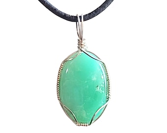 Wire Wrapped Chrysoprase Pendant in Sterling Silver