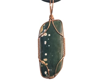 Wire Wrapped Ocean Jasper Pendant in Copper