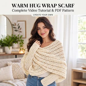 May include: A cream-colored, long-sleeved, open-knit wrap scarf with a textured, repeating pattern. The image includes the text WARM HUG WRAP SCARF, Complete Video Tutorial & PDF Pattern, and CREATE YOUR OWN, indicating a digital pattern.