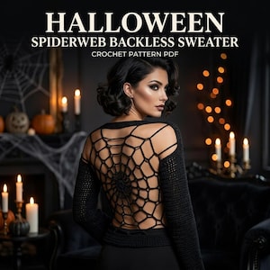 May include: A black long-sleeved sweater featuring an open back with a crocheted spiderweb design. The text HALLOWEEN SPIDERWEB BACKLESS SWEATER CROCHET PATTERN PDF is displayed at the top of the image in white capital letters.
