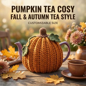 Puede incluir: Una funda de ganchillo para tetera con forma de calabaza naranja, tallo marrón y hojas verdes. El texto dice: PUMPKIN TEA COSY FALL & AUTUMN TEA STYLE CUSTOMIZABLE SIZE. El diseño presenta una textura acanalada sobre una superficie de madera.