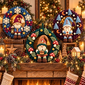 May include: Three circular crochet wreaths featuring gnome figures. The left wreath is blue with white snowflakes and yellow stars. The center wreath is dark green with red mushrooms and leaves. The right wreath is purple with blue trees and orange moons.