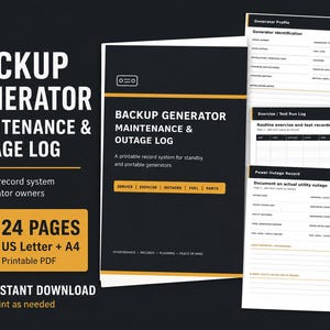 May include: A printable 24-page backup generator maintenance and outage log in PDF format. The document features a black and yellow cover with the text Backup Generator Maintenance & Outage Log, alongside interior pages for tracking generator profiles, test runs, and power outages.
