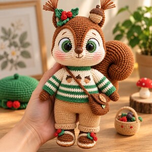 Può includere: Una bambola scoiattolo all'uncinetto con grandi occhi verdi, che indossa un maglione a righe color crema e verde con motivi a ghianda, pantaloni color cuoio e scarpe marroni. La bambola ha una borsa a tracolla marrone e dettagli a bacche rosse.