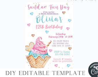 Ice Cream Birthday Invitation Sundae Party Fun Birthday Invite with Ice Cream Editable Digital Ice Cream Invite Sundae Ice cream Party