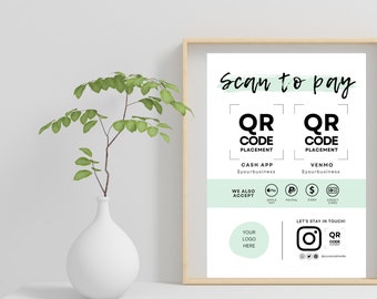 QR Code Sign Template Editable Scan to Pay Card Editable Canva Template CashApp PayPal Sign for Small Business Venmo Payment Printable