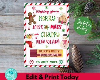 Merry Kissmas Printable Tag Chappy New Year Tag Holiday Lip Balm Tag Kissmas Chappy Tag Easy Christmas Gift Lip Gloss Tag Chapstick Tag