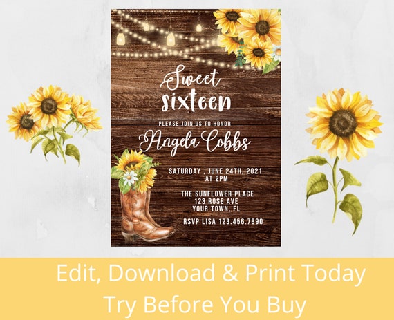 Rustic Sweet 16 Invitation Sweet Sixteen Birthday Invitation Template 16th Birthday Invite Sunflower Starry Night Fairy Lights Mason Jars Il_570xn