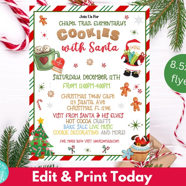 Cookies with Santa Editable Flyer, INSTANT DOWNLOAD, Photos with Santa Template, Church School Christmas Holiday Fundraiser Flyer