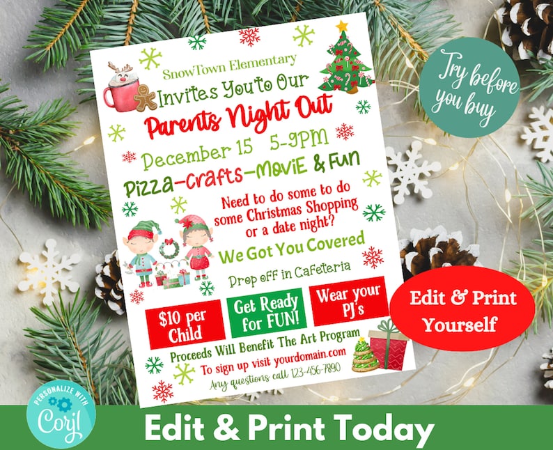 Christmas Community Flyer Christmas Parents Night Out Flyer School Church Flyer Poster Shopping Flyer Community Event Pto Craft Day Party imagem 1