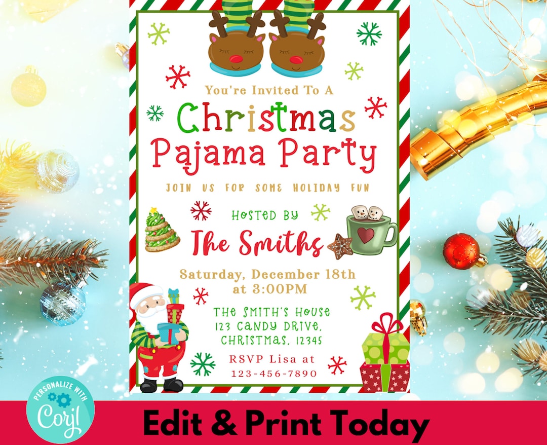 Holiday Pajama Party Invitation Christmas Pajama Party Christmas Party