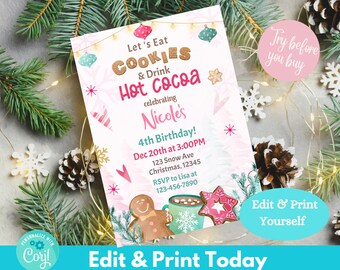 Cocoa and Cookies Birthday Invitation Girl Winter Birthday Invite Printable Invitation Templett Editable Template INSTANT ACCESS Pink