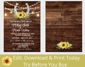 Sunflower Country Wood Country Theme Wedding Invitation Sunflower Invite Boot Barn Lucky Horseshoe Party Invitation Country theme Event