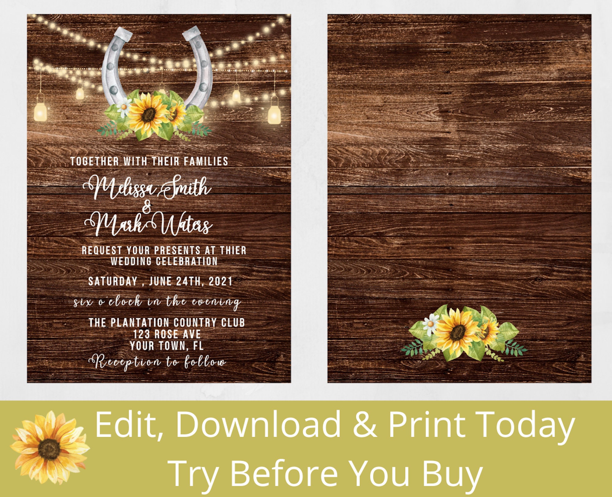Sunflower Country Wood Country Theme Wedding Invitation Sunflower Invite Boot Barn Lucky Horseshoe Party Invitation Country