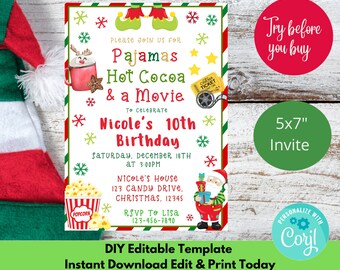 Christmas Movie Night Invitation, Kids Holiday Birthday Invite School Church Pto Pta Event, Winter Party Editable Template, DIY Self-Editing