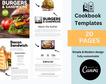 Hamburger cookbook template Ebook template Canva Sandwich CookBook Template canva minimalist custom Recipe cookbook business  graphic design