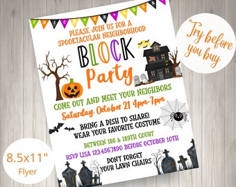 EDITIERBARE Nachbarschaft Halloween Block Party Einladung Nachbarschaft Open House Einladung Nachbarschaft Party Flyer Herbst Block Party