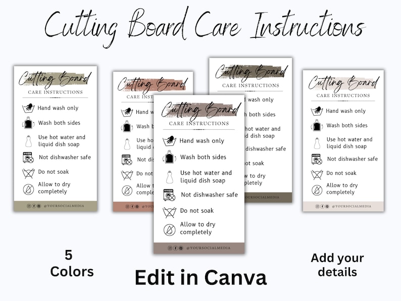 Ready To Print Cutting Board Care Card Template Printable Cutting Board Care Instructions Customizable Cutting Board Instructions Guide image 1