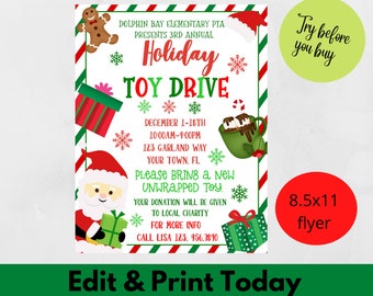 Holiday Toy Drive Flyer Christmas Charity Event Flyer Santa Claus School Flyer Christmas Toy Drive Flyer Christmas school flyer kids event