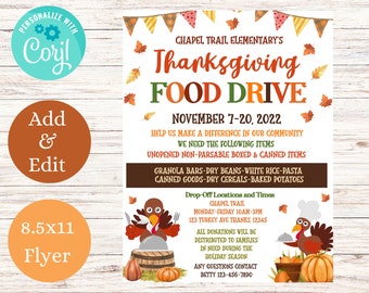 Thanksgiving Food Drive flyer Fall Food Drive Flyer Printable PTA PTO Flyer School Church Fundraiser Business Charity EDITABLE Invitation