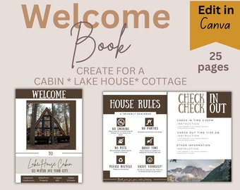 Wood Cabin Welcome Book Welcome Guestbook Airbnb House Manual Canva Welcome Book Airbnb Canva Cottage Lake House Guestbook