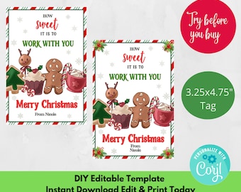 Editable Christmas Co-Worker Gift Tags, Merry Christmas Gift Tags, Sweet to work with you Christmas Gift Tag, Christmas Gift Tags, Favor tag