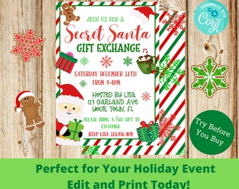 Secret Santa Party Christmas Party Invitation Santa Party Christmas Invitation Christmas Cookie Office Party Editable Invitation