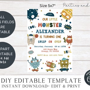 Monster Birthday Invitation Template Monster Birthday Invitation Monster Party Theme Invitation 1st Birthday Invite Editable Template