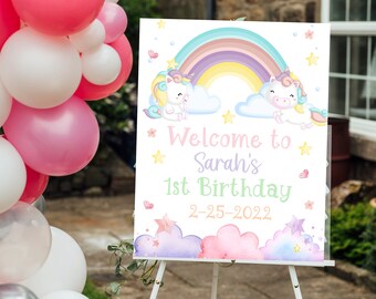 Unicorn Welcome Sign Girl Rainbow First Birthday Editable Girl 1st Birthday Welcome Sign Template Girl Sign Pink Flower Boho Welcome Party